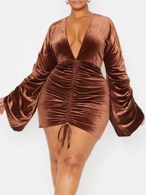 PrettyLittleThing Brown Velvet Ruched Deep V Mini Dress Sz 14